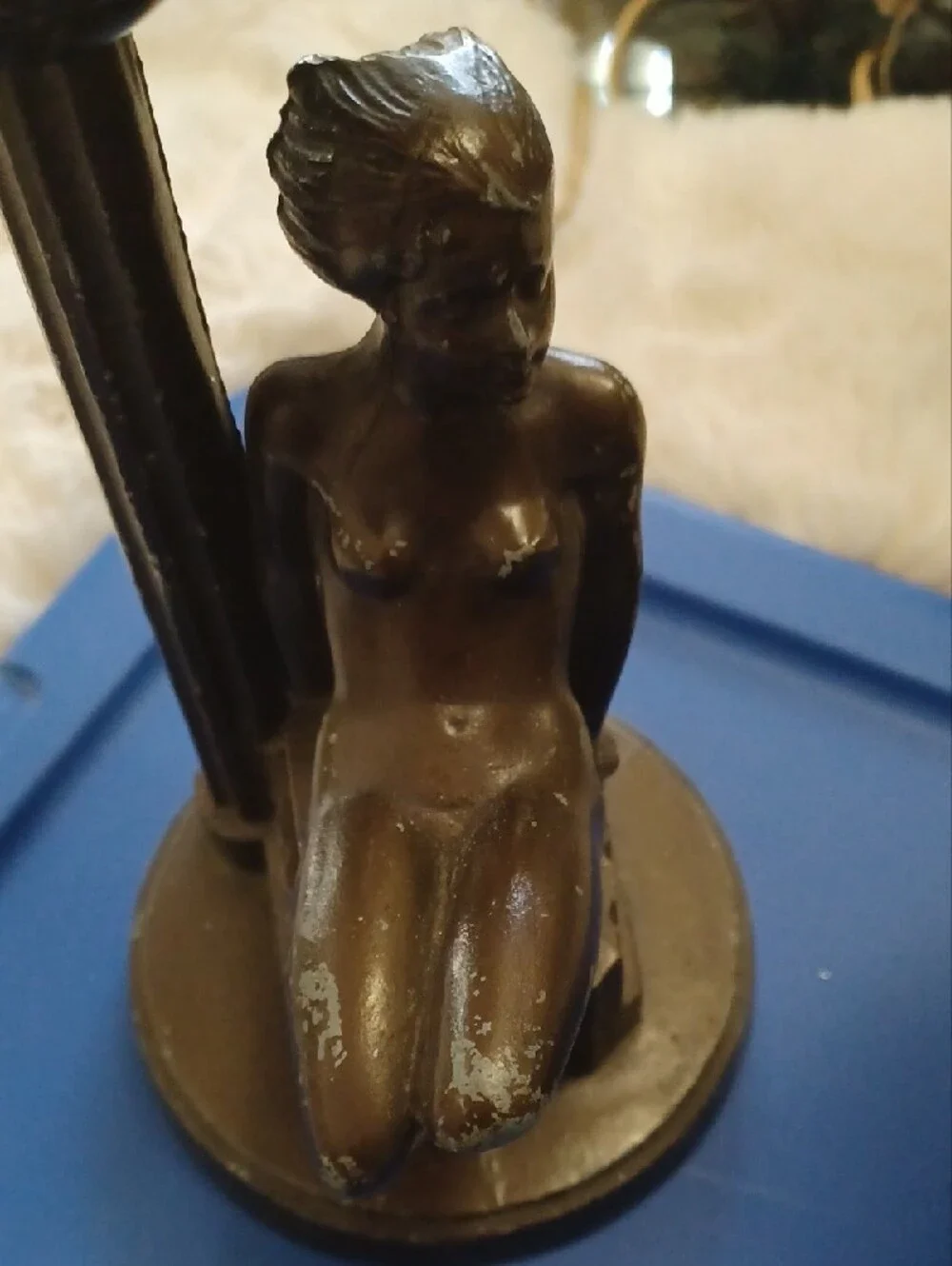 Vintage Bronze Figurine Table Lamps with Amber Glass Shades, Lamps Do Not Work.